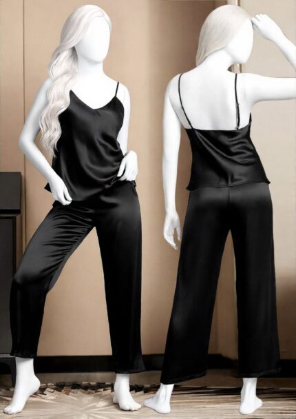 Satin Sleepwear Set – Spaghetti Top & Loose Trouser – Free Size (Black)
