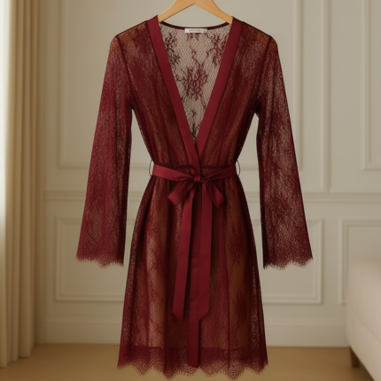 Single Pcs Women’s Net Transparent Sheer Lace Robe Gown – Long Sleeve Free-Size Nightwear With Satin Belt For Elegant And Stylish Comfort (Black)