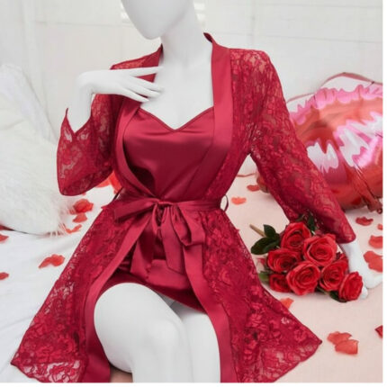 Soft Lace Robe & Silk Inner – 2 Piece Transparent Net Gown Set | Free Size (Fits Up to 38” Chest) | Black